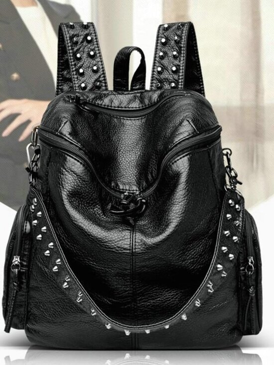 Trendy Women\'s Rivet Backpack - Soft Leather, Multi-Pocket, Zipper Satchel Bag